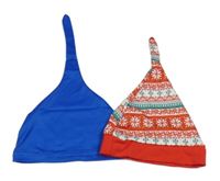 2x čepice - modrá + červeno-smetanovo-zelená vzorovaná