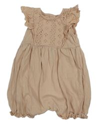 Pudrový plátěný kraťasový overal s madeirou a volánky Next