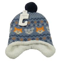 Nové - Modrá vzorovaná čepice se zvířaty a bambulí Dunnes