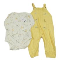 Nové - 2set - Žluté pletené laclové tepláky s výšivkami zvířat + bílé body se zvířaty Next