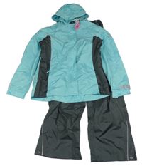 Nové - 2set - Světlemodro-tmavošedá šusťáková jarní funkční bunda s kapucí + nepromokavé kalhoty Crane