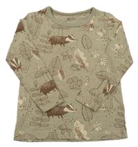 Hnědé melírované triko se zvířaty a listy Tu