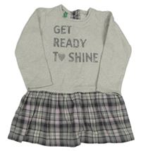 Šedé melírované teplákové šaty s šedo-fialovou kostkovanou sukní a nápisem Benetton