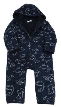 Tmavomodrá fleecová zateplená kombinéza s dinosaury a kapucí Topomini
