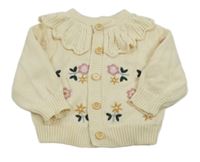 Smetanový propínací svetr s květinami a límečkem 