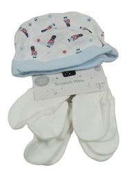 Nové - 5 set - 4x smetanové rukavice + bílo-modrá čepice s vojáčky 