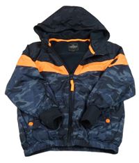 Tmavomodrá vzorovaná šusťáková jarní bunda s neonovým pruhem a kapucí 