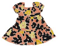 Růžovo-černo-žluté květované plátěné šaty F&F