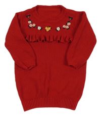 Červené svetrové šaty s kvítky a volánkem Nutmeg