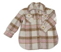 Smetanovo-hnědo-růžová kostkovaná vlněná košilová bunda Primark