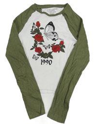 Bílo-khaki žebrované crop triko s květy a motýlkem Primark