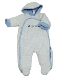 Světlemodrá plyšová minky zateplená kombinéza s vlakem a kapucí zn. Pusblu