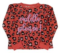 Korálovo-černo-růžové fleecové pyžamové triko s nápisem a leopardím vzorem Alive