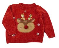 Červený žinylkový svetr se sobem C&A