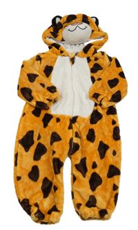 Kostým - Oranžovo-hnědo-bílá plyšová kombinéza s kapucí - leopard