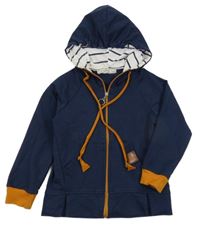 Tmavomodro-hnědá propínací mikina s kapucí 