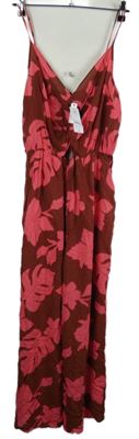 Nové - Dámský tmavůžovo-hnědý květovaný letní kalhotový culottes overal George 