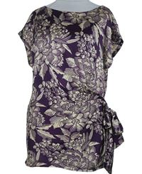 Dámksá purpurovo-smetanová květovaná saténová halenka s mašlí 