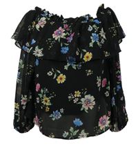 Dámská černá květovaná šifonová halenka s lodičkovým výstřihem H&M