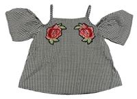 Černo-bílá kostkovaná crop halenka s květinami Yd.