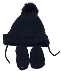 2set- tmavomodrá čepice s bambulí+ rukavice Primark