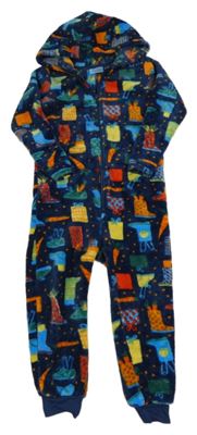 Tmavomodrá chlupatá kombinéza s obrázky a kapucí 