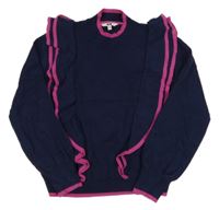 Tmavomodro-růžový svetr s volánkem WE