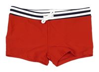 Červené nohavičkové plavky s pruhovaným pasem