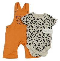 Nové - 2set - Oranžové laclové kraťasy s šelmou + vzorované body F&F