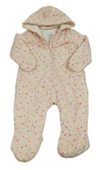 Světlerůžová šusťáková zateplená kombinéza s kytičkami a kapucí Primark 