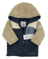 Nové - Tmavomodro-béžovo-smetanová chlupatá podšitá bunda s kapucí F&F