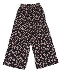 Černé lehké wide leg kalhoty s motýly 