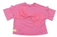 Růžové crop tričko s mašlí a volánky RIVER ISLAND