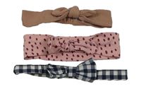 3x - Čelenka s mašlí - Tmavomodro/bílá kostkovaná, růžová vzorovaná, světlehnědá žebrovaná H&M