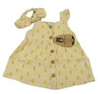 Nový - 2Set - Vanilkové mušelínové propínací šaty s citrony a volánky + čelenka s mašlí RABBIT BEAR