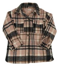 Starorůžovo-černo-hnědo-bílá kostkovaná vlněná podšitá košilová bunda F&F