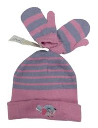Nové - 2Set - Růžovo-fialová pruhovaná pletená čepice s ptáčkem + palcové rukavice oliver&olivia