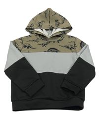 Černo-šedo-bronzová sportovní mikina s dinosaury a kapucí 