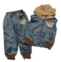 2Set - Tmavomodro/hnědá žebrovaná plyšová vesta s medvídkem a kapucí s oušky + kalhoty 