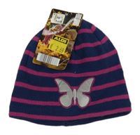 Nové - tmavomodro/růžová pruhovaná pletená čepice s motýlkem POCOPIANO