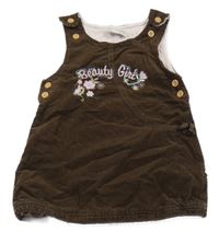 Tmavohnědé manšestrové podšité šaty s kytičkami a nápisem