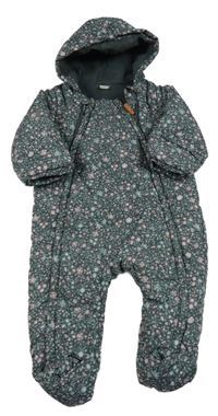 Tmavošedá prošívaná šusťáková zimní kombinéza s kytičkami a kapucí H&M