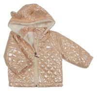 Broskvovo-stříbrná puntíkatá prošívaná šusťáková zateplená bunda s kapucí s oušky Ready