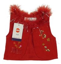 Nové - červená vlněná vesta s motýlky a kytičkami a flitry a králičí srstí