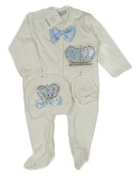 Nové - 3Set - Bílý overal s korunkou s kamínky a mašlí + čepice + rukavice Vivaki