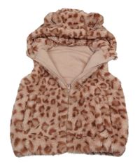 Světlerůžovo-mahagonovo-starorůžová vzorovaná kožešinová podšitá vesta s kapucí s oušky Nutmeg