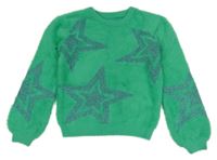 Jadeitový chlupatý svetr se třpytivými hvězdami St. Bernard