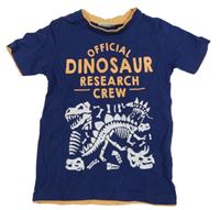 Tmavomodro-světleoranžové tričko s kostrami dinosaurů a nápisy INFINITY KIDS