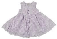 Levandulovo-bílé kostkované plátěné propínací šaty s květy Smile