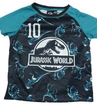 Černo-modrozelený sportovní dres s dinosaury - Jurský svět a číslem 